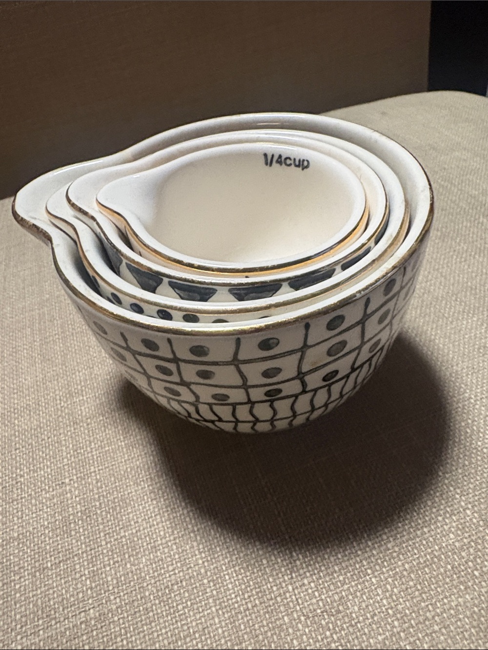 Creative Co-Op White Ceramic Nesting Bowls with Black Grid and Dot Pattern